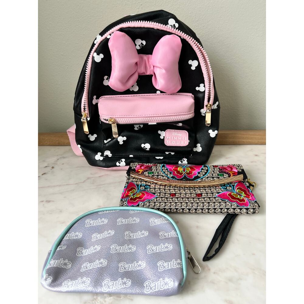 Minnie‎ Mouse Backpack Travel Parks, Barbie and Embroidered Clutch Purse Bag Lot